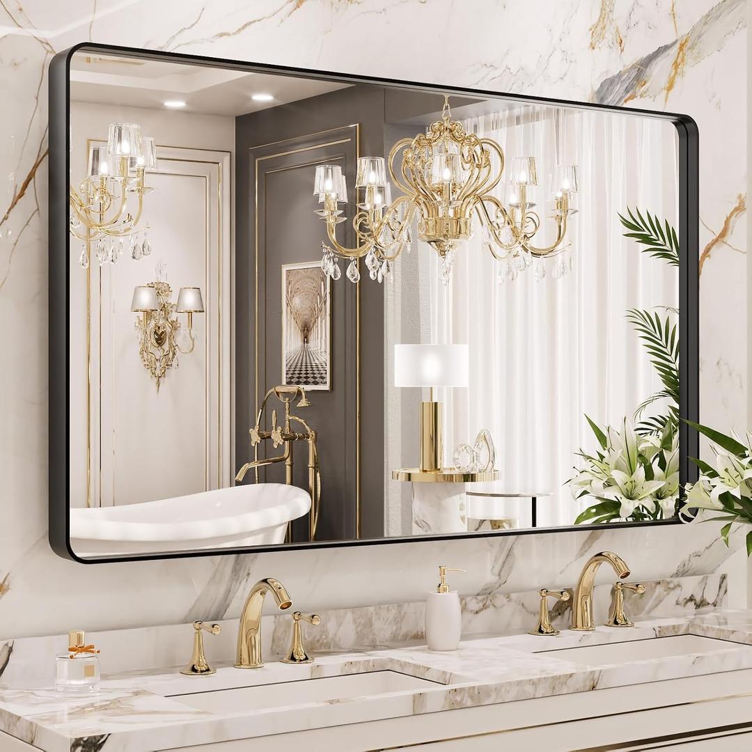 LOAAO 50X30 Inch Black Metal Framed Bathroom Mirror for Wall, Matte Black Bathroom Vanity Mirror Farmhouse, Large Rounded Rectangle Mirror, Anti-Rust, Tempered Glass, Hangs Horizontally or Vertically