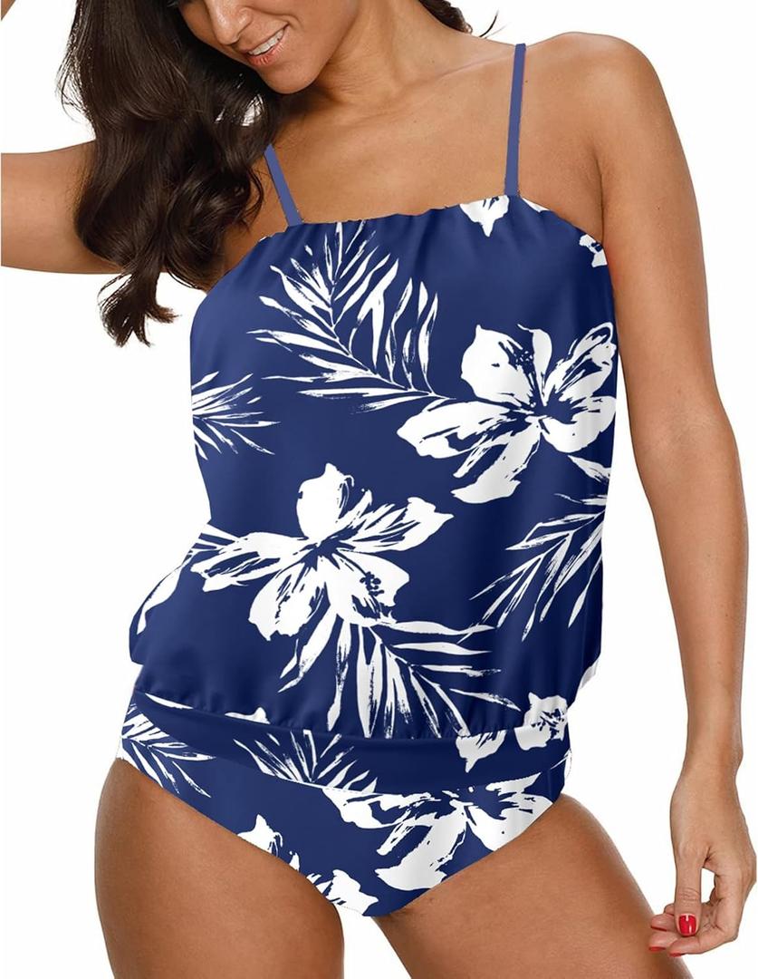 Two Piece Bandeau Tankini Swimsuits for Women Loose Blouson Swim Top with Bikini Bottom Tummy Control Bathing Suits (Blue, L)