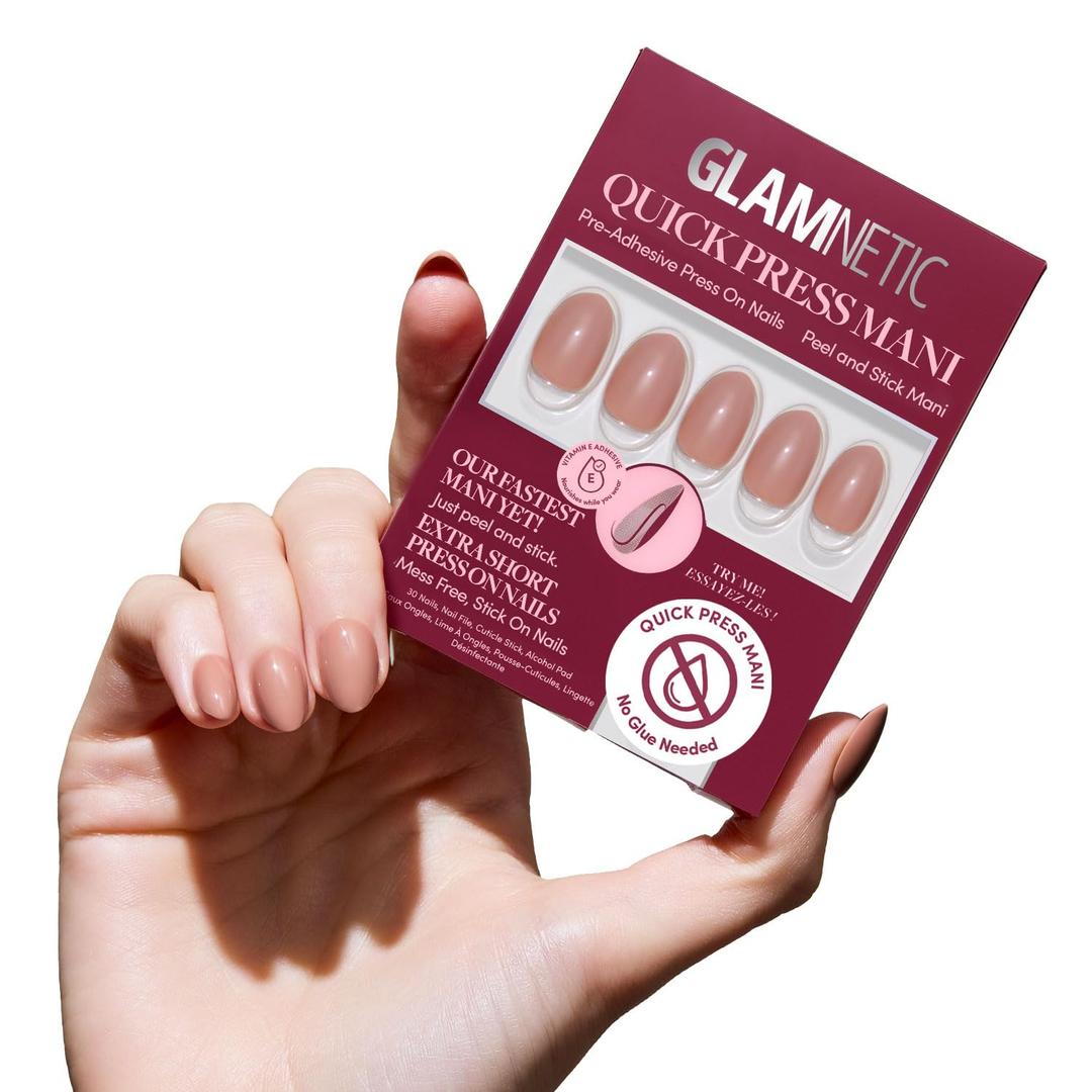 Glamnetic Quick Press Mani - No Glue Press On Nails, Just Peel and Stick, Oval Extra Short Nails, Mess Free, Salon Quality Stick On Nails, Teddy | in 15 Sizes - 30 Nail Kit | Gift For Mom
