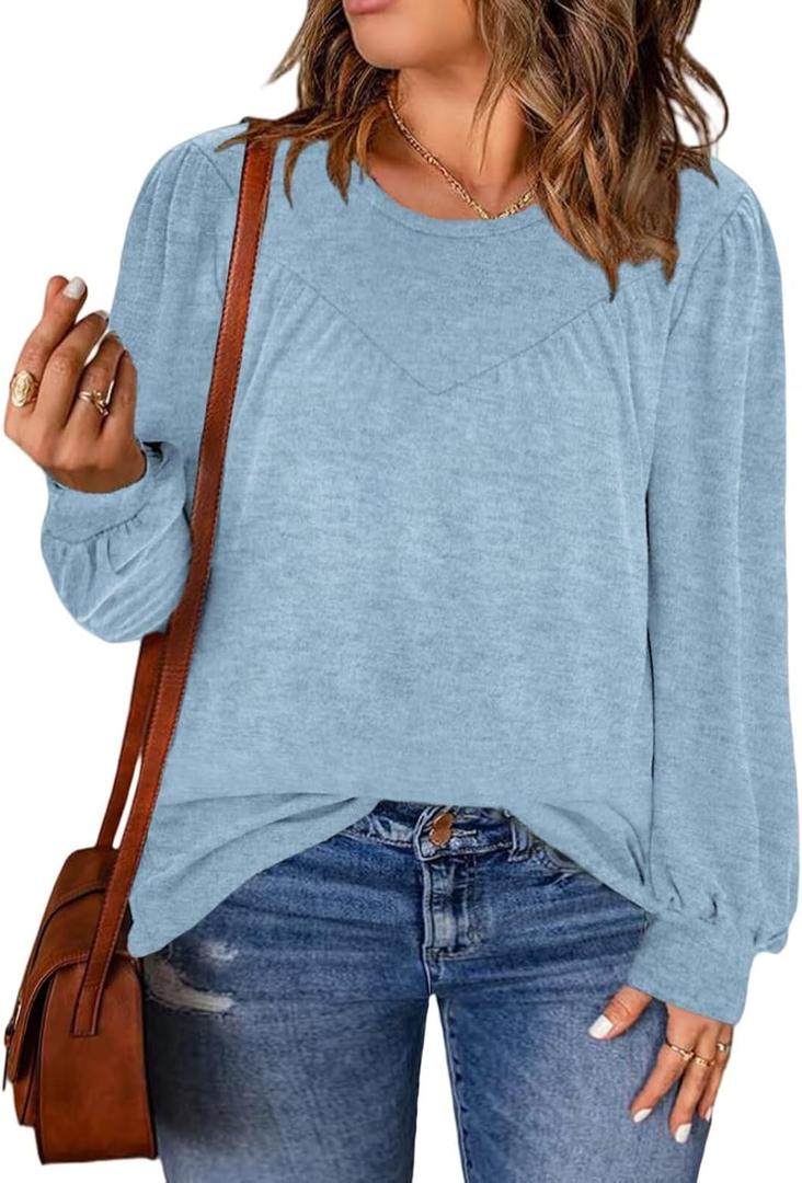 DOLNINE Womens-Plus-Size-Tops Trendy Puff Long Sleeve Shirts Cute Crewneck Pleated Blouses Lightweight Loose Fit Sweatshirts (3X-Large, 01_light Blue)