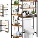 K1 Heavy Duty 7-Tier Over The Toilet StorageWith Basket and Paper HookFreestanding Above Toilet Shelf with Adjustable FeetSpace Saver Bathroom Shelves 9.3"D x 33.5"W x 63.8"HRustic Brown