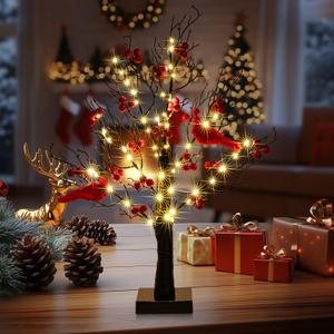 21" Vintage Glowing Table Tree with Cardinals, Christmas Decorations LED String Lights with,Twinkle Trees Lamp with Lighted Branches, for Christmas, Black