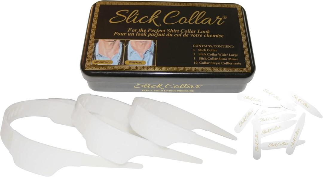 Slick Collar Shirt Collar Support System set with 3 adjustable, 10 premium Collar Stays & a Durable tin Travel EDC Box Black