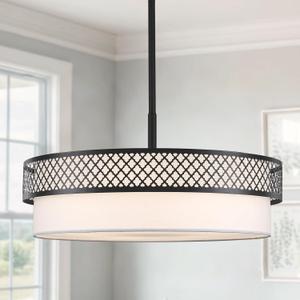 21.5" Drum Black Chandelier for Dining Room 5-Light Modern Farmhouse Chandeliers White Fabric Drum Pendant Light Fixture Large Hanging Lighting for Living Room Bedroom Kitchen Foyer Over Table, E26
