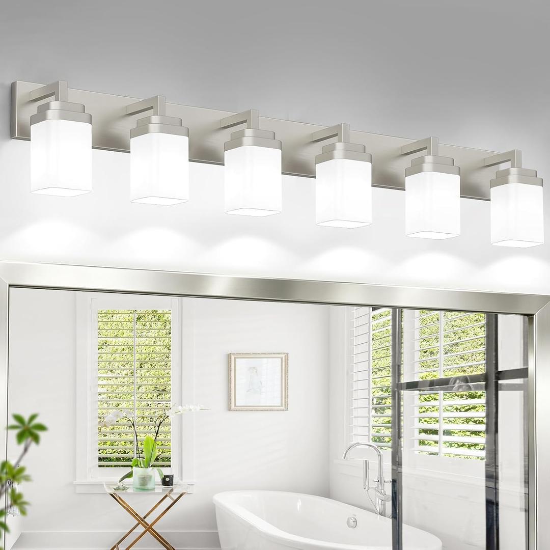 Brushed Nickel Bathroom Light Fixtures, Modern Vanity Lights with White Glass Lamp Shade, Bathroom Lighting Fixtures Over Mirror, Restroom Vanity Lighting Fixture, 6-Light 46 Inch