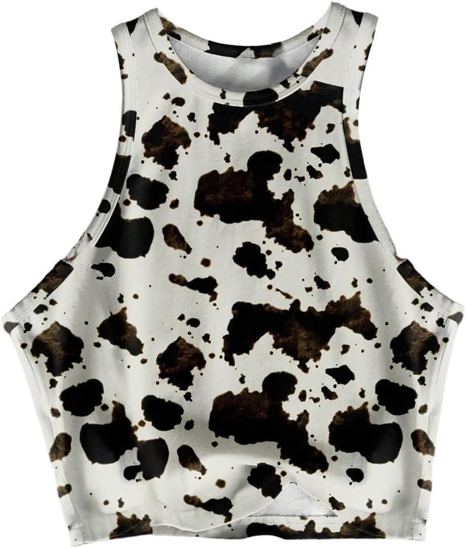 Women's Cow Print Tank Top Sleeveless Crewneck Fitted Crop Tops Summer Cowgirl Vest (XS)