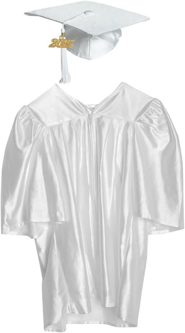 Shiny Child Graduation Cap, Gown, Tassel and 2025 Charm Set, Kindergarten Graduation and Kids Preschool (Medium, White)