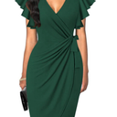 oten Womens Deep V Neck Ruffle Sleeve Sheath Casual Cocktail Party Work Faux Wrap Dress, M 