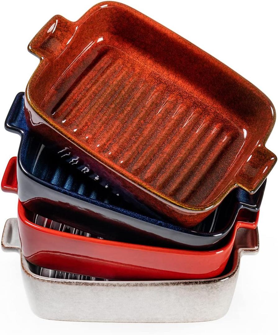 Ceramic Baking Dishes for Oven Small Rectangular Bakeware Pans for Casserole, Lasagna, Brownies, Side Dishes Oven Safe Baing Pan with Handles Set of 4, Red, Blue, Black