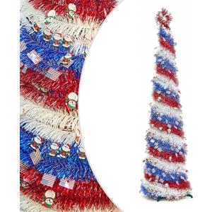 6 FT Pop Up Christmas Tree, Patriotic Collapsible Pencil Tinsel Trees for Holiday Decorations