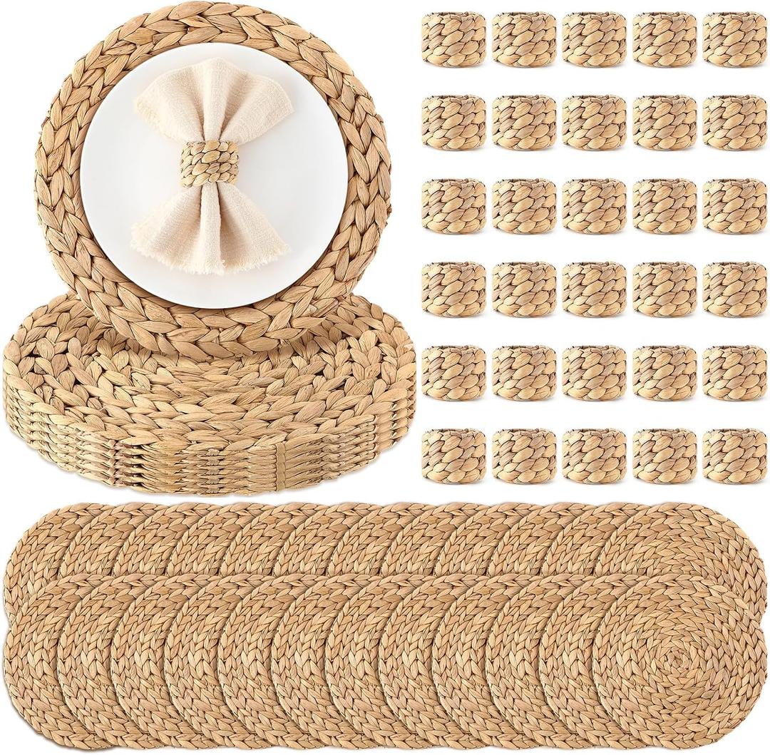 30 Pcs 12 Inch Round Woven Placemats, Water Hyacinth Wicker Place Mats with Napkin Rings Boho Wedding Farmhouse Rustic Woven Chargers Natural Mat Bulk for Wedding Party, Dinner Table