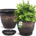 Plastic-Plant-Flower-Planters-16 Inch With Drainage Hole & Saucer, 3 Packs Lightweight Small Resin Flower Pot Indoor Outdoor, Retro Antique Imitation Decorative Garden Containers Sets For Houseplants