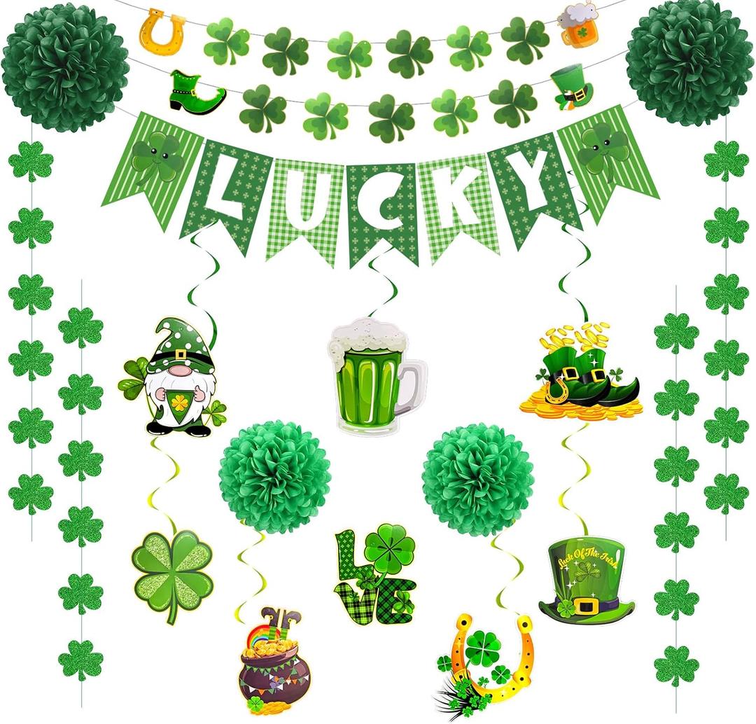 2 x St. Patrick's Day Decorations Kit with Lucky Banner, Hanging Swirls, Glitter Shamrock Garlands, Paper Pompoms for St. Patrick's Day Decor, Irish Themed Party Favor, Home, Office