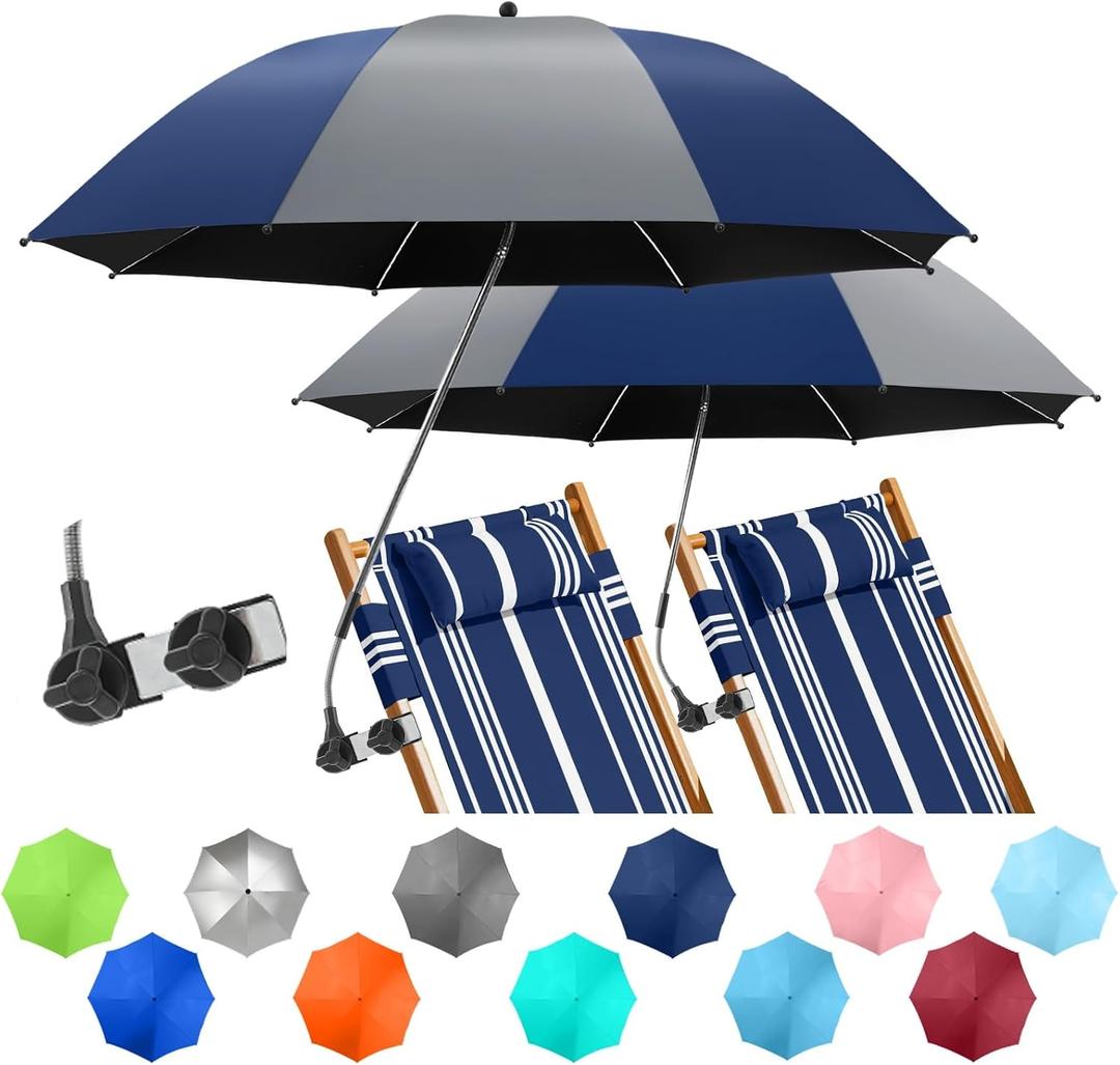 2 Pack Beach Umbrella with 360 Universal Clamp, UPF50+ Umbrella Outdoor Patio Sun Protection for Chairs, Beach &Patio Use (Not Include Chair)