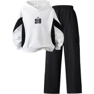 Girls' Hooded Sweatshirt and Pants Set, White and Black, Casual Jersey Outfit, 8-12 Years (White)
