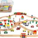 Wooden Train Set 35 Piece All in One Wooden Toy Train Tracks Set with Magnetic Trains and Railway Accessories, Comes in A Clear Container, Compatible with All Major Brands
