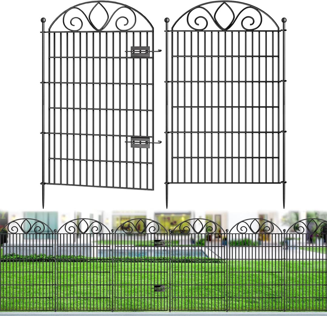 10 Panels No Dig Tall Garden Fence with Gate  44" H X 23.6' L Rustproof Metal Dog Fence Outdoor for Yard, Decorative Animal Barrier Fence for Pet, Garden Border, Patio, Flower | Temporary Fencing
