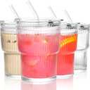 13oz Glass Tumbler with Lids and Straws Ribbed Drinking Glasses Cup Leak Proof Iced Coffee Glass Set of 4 for Soda Smoothie Juice(Clear*4)