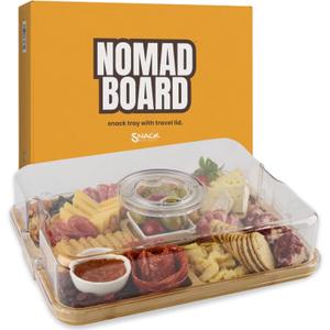 Charcuterie Board with Lid and Handle  Bamboo Travel Snack Tray with 5 Sections and 2 Dip Bowls, 11x14 inches, Covered Portable Cheese Platter for Picnics, Parties, Gifts