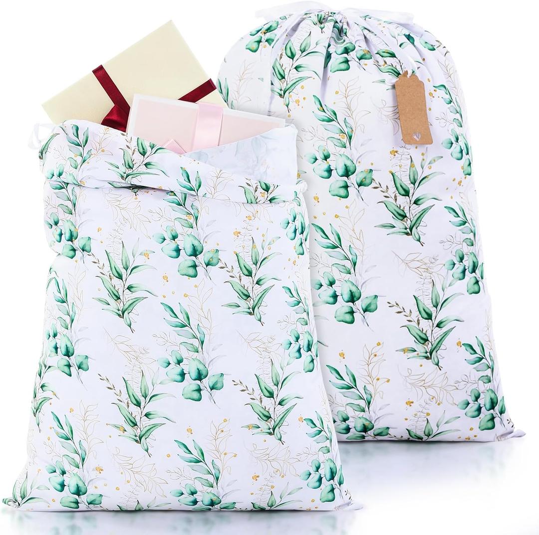 Pickmesh 2 Pcs Happy Birthday Drawstring Gift Bags 20 x 28 Inch Extra Large Baby Shower Bags Reusable Fabric Colorful Wrapping Pouches for Gender Reveal Supply Decor(Green,Green Eucalyptus)