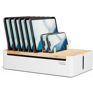 Prosumers Choice Bamboo Charging Station for Multiple Devices - Wooden Charger Organizer with Removable Dividers for Phones, Tablets, and Laptops - 11 Inch Cable Organizer Box - Space-Saving Desk Dock (Metal & Bamboo White)
