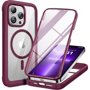 Miracase Magnetic for iPhone 13 Pro Max Case 6.7 inch, (Compatible with MagSafe) Upgrade Full-Body Clear Phone Bumper Case with Built-in 9H Tempered Glass Screen Protector, Magnetic Wine Red