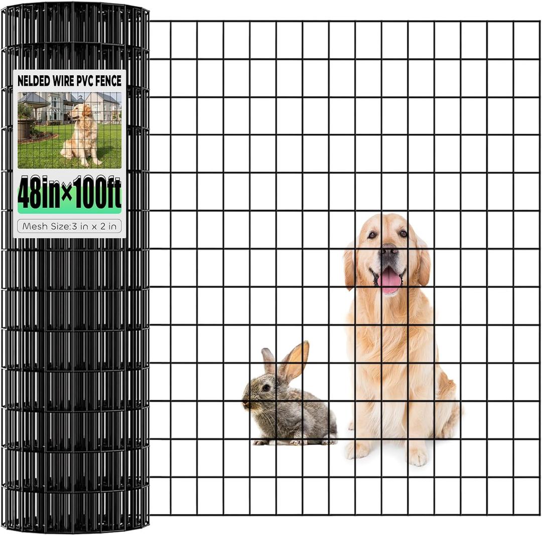 Garden Fence Black PVC Coated Welded Wire Fencing 48 Inch x 100 Foot, 2 Inch x 3 Inch 16GA, Garden Border Fencing Roll Vinyl Coating Metal Wire Mesh for Yard Vegetable Plant Protection Poultry Netting