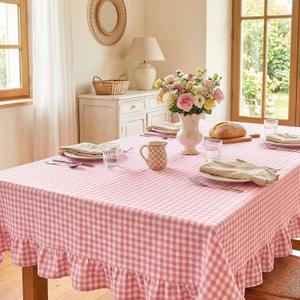 Mindsoft Light Pink Gingham Ruffled Tablecloth 70 x 52 Inches Rectangle Cotton Linen Checkered Table Cloth Buffalo Plaid Farmhouse Vintage Decorative Tablecover for Picnic Kitchen Dining Home Party
