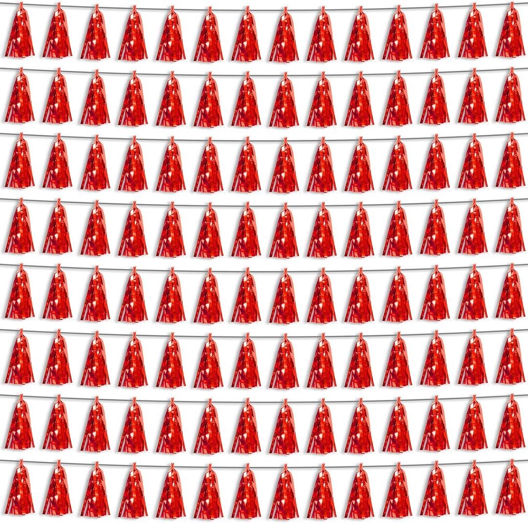 8P Red Foil Fringe Metallic Tassel Streamers Banner Tassel Garland for Parade Floats, Bachelorette, Wedding, Birthday, Halloween, Christmas, Bridal/Baby Shower Party Decorations