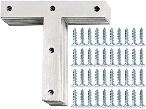 Alise T Flat Brackets,Corner Bracket Corner Brace Mending Plate Repair 120mm x 120mm Stainless Steel Flat Braces for Wood Tables, Chairs, Sofas, Beds, Cabinets, Doors and Windows,Brushed,Pack of 8