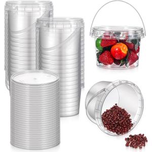 40 Pcs 16oz Clear Plastic Buckets with Handles and Lids, 16oz Mini Drinking Buckets Reusable Ice Cream Tub Airtight Food Storage Container Pails for Kitchen, Party Snacks, Camping Drinks, Small Items
