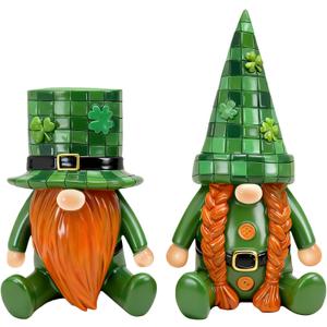 St Patricks Day Decorations Gnomes Figurines - 2Pcs Resin Irish Green Grid Hats Lucky Shamrock Saint Leprechaun for Home Office Table Decor