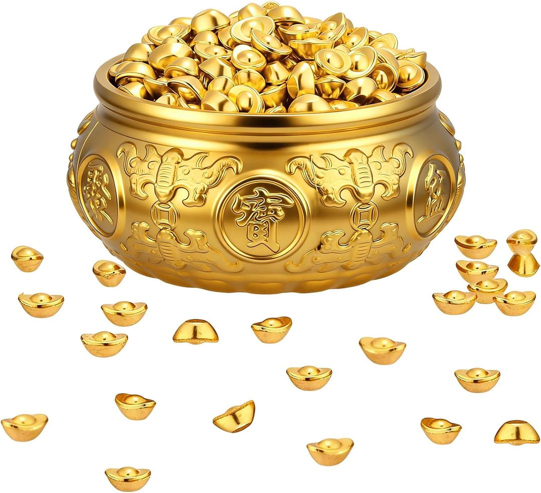 Brass Feng Shui Golden Treasure Basin with 350pcs Ingot Yuan Bao Good Luck Wealth Prosperity Figurine for Feng Shui Decor for Home Office Decor Housewarming Gift