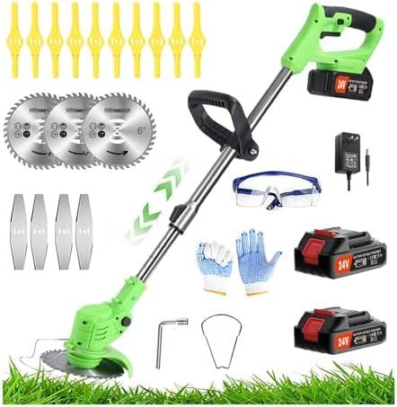 Wrneaoch 21V Electric Weed Wacker, Electric Cordless Weed Wacker Grass Trimmer Cordless with 2Pcs 2.0Ah Battery and Fast Charger, 10x Nylon Cutting Disc, 2 Types of Metal Cutting Disc