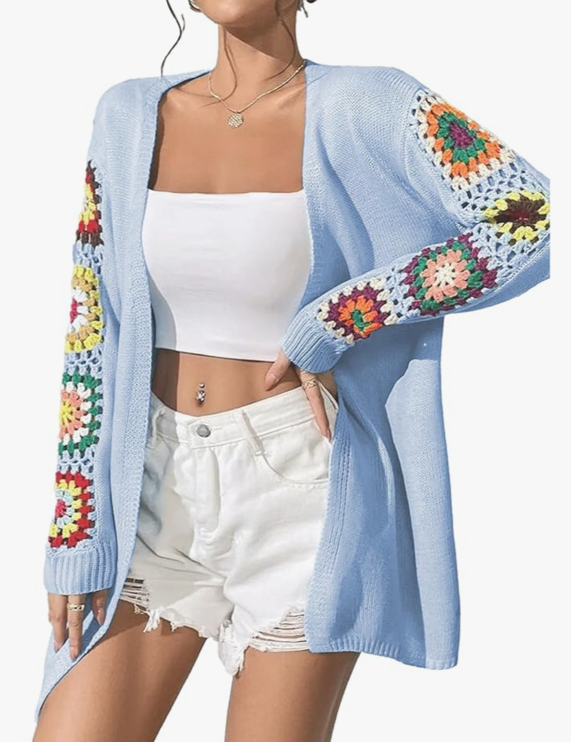 Lemamwu 2024 Boho Floral Pattern Crochet Open Front Long Sleeve Casual Knit Cardigan Sweater