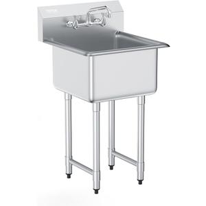 VEVOR Stainless Steel Prep & Utility Sink, 1 Compartment Free Standing Small Sink Include Faucet & legs, 21"x18" Commercial Single Bowl Sinks for Garage, Restaurant, Kitchen, Laundry (Size: Bowl Size 18*18IN)