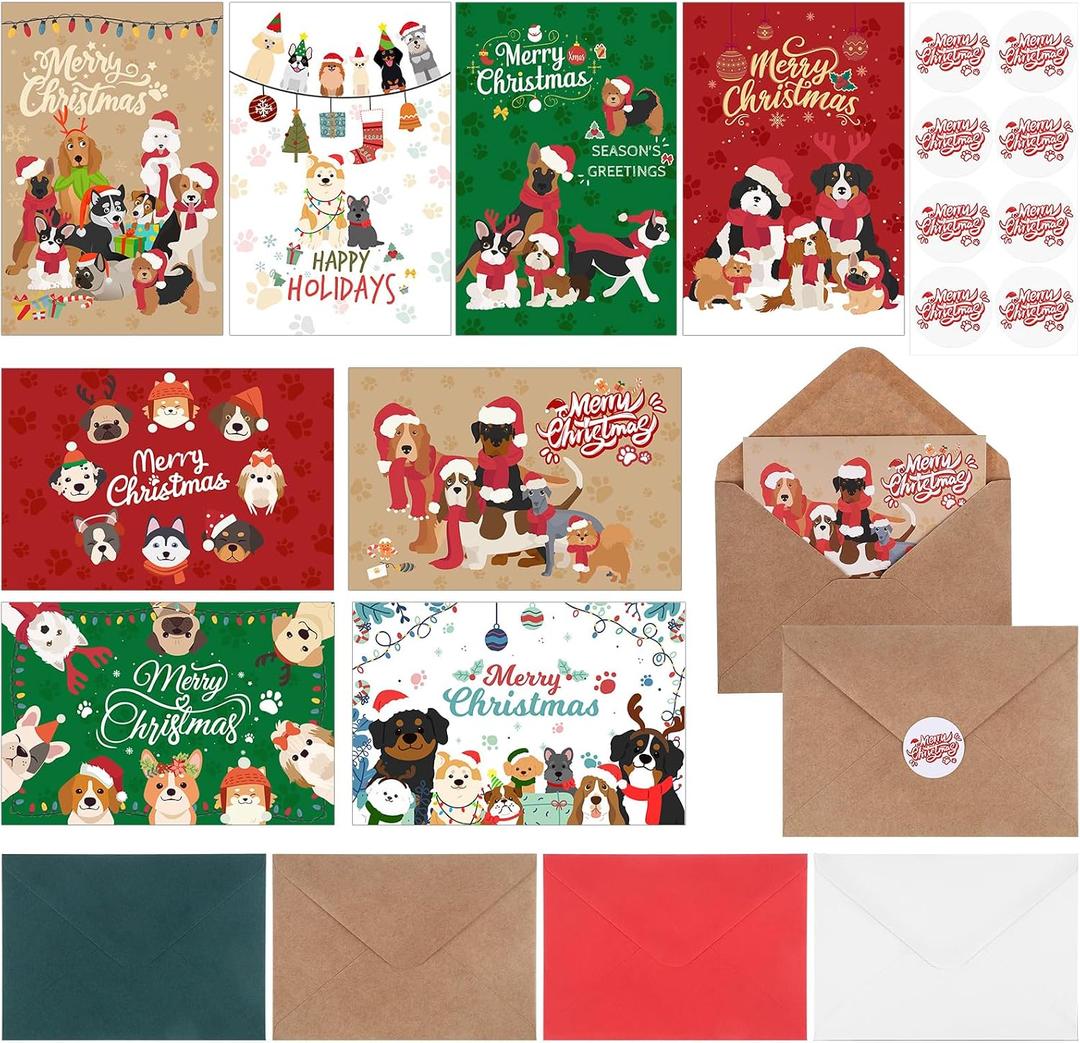 64 Sets Christmas Dog Happy Holidays Cards with Envelopes Dog Greeting Cards with Stickers Bulk Red Green Dogs Blank Note Cards with Envelopes Matching Seal Stickers for Winter Holiday Xmas