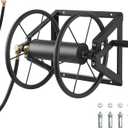 VEVOR Wall Mounted Garden Hose Reel, Holds 200 ft 5/8-inch Manual Water Hose Winder, Heavy-Duty Steel, Outdoor Reel with Brass Fitting & 5ft Leader Hose, Space Saving, for Yard Lawn Garage (Black)