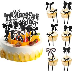 19pcs Black Bow Cake Topper, Ribbon Cake Topper with Happy Birthday Sign Twist Bowknot Picks Decor Coquette Bow Cupcake Decorations Birthday Party Supplies