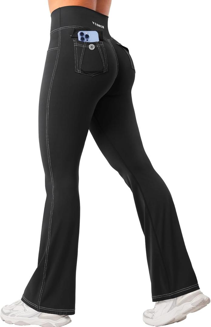 YEOREO CoreFlex Women Workout Mini Flare Leggings with Pockets Hidden Scrunch Cargo Gym Casual Denim-Look Yoga Pants (Medium, Black)