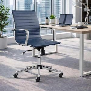 Office Chair, PU Leather Mid Back Swivel Desk Chair,Navy | Ribbed padded seat, adjustable height, swivel wheels and armrests for conference rooms, executive offices and home desks, Navy 