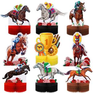 9 Pcs Kentucky Horsing Racing Derby Decorations Horse Racing Honeycomb Centerpieces 3D Horse Birthday Party Supplies Baby Shower Derby Plates Table Decoration