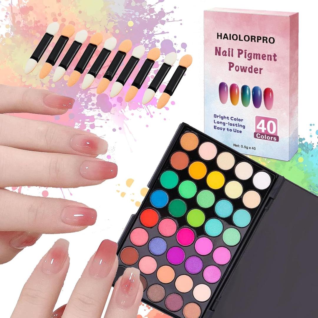 HAIOLORPRO Pigment Powder for Nails 40 Colors Set, Colorful Nail Pigment Powder Palette with Iridescent Shades for Ombre & Bold Manicure, Home Salon DIY Nail Art Supplies