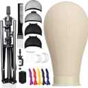 23 Inch Canvas Block Wig Head, 47 Inch Wig Stand Tripod with Head, Mannequin Head for Wigs Display with Wig Caps, T C Pins Brush