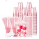 12oz Disposable Stemless Glasses with Flat Lids and Straws,PET Disposable Drinking Cups,Clear Plastic Wine Glasses for Parties Birthday,Wedding,Meeting,Christmas Party Supplies. (100, Pink)