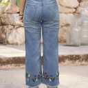 Flamingals Straight Leg Jeans for Women Low Rise Cropped Jeans Wash Embroidery Raw Hem Denim Pants (XX-Large, Mid Light Blue)