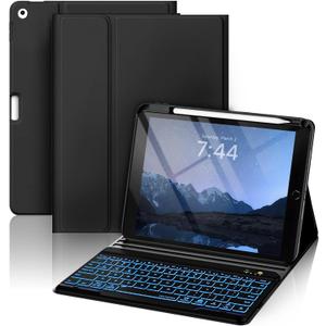 OYEEICE Keyboard case for iPad 9.7 inch, iPad 6th Gen (2018), iPad 5th Gen (2017), iPad Air 2 (2014) - 7 Color Backlit Wireless Keyboard with Pencil Holder for iPad 6th/5th Pro 9.7'' Air 2/1 - Black (Classic Style)