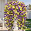 Artificial Hanging Flowers for Outdoors Spring Summer Decoration, 4PCS UV Resistant Silk Fake Hanging Plants for Patio Porch Front Yard Window Garden Indoor Decor(Purple&Yellow,4PCS)