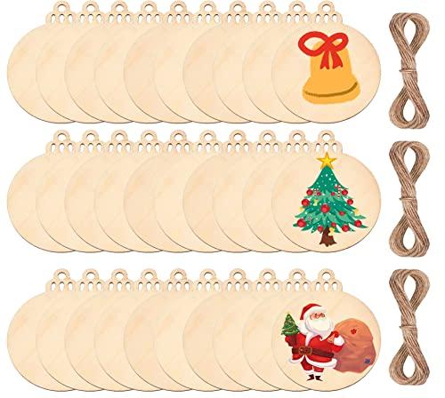 60Pcs Wood Slices,4" Wooden Christmas Ornaments,Unfinished Predrilled Wood Circles for Crafts Centerpieces,DIY Round Wooden Discs Hanging Decorations (4 Inches-60)