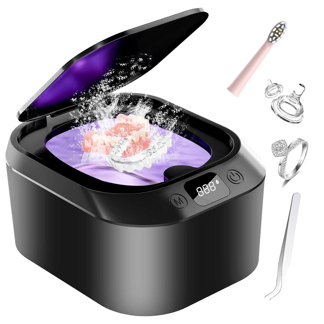 Ultrasonic Retainer Cleaner, Portable Professional Denture Cleaning Machine, 46kHz 220ML Dental Clean for Dentures, Aligner, Braces, Mouth Guards, Toothbrush Head, Jewelry (Black)